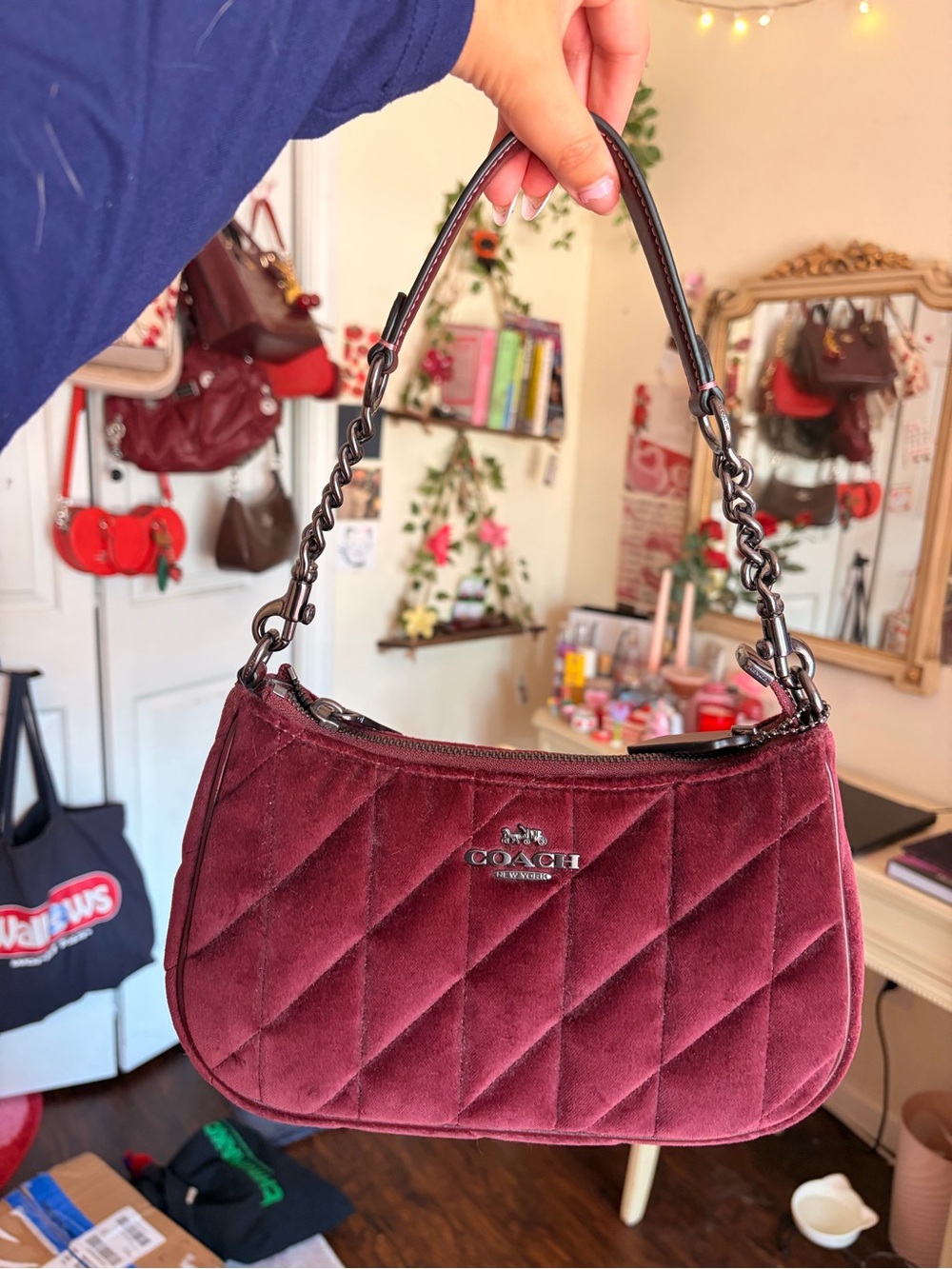 Coach Quilted Velvet Shoulder Bag in Burgundy